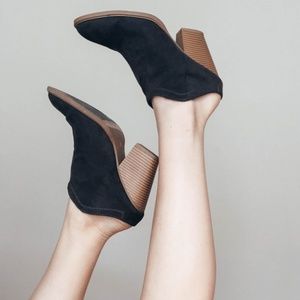 Grey suede chunky heel mules